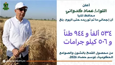 محافظ المنيا: توريد 535 ألف طن من القمح المحلي خلال موسم 2026