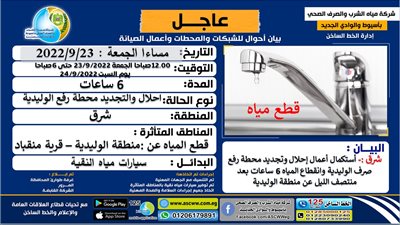 انقطاع المياه 6 ساعات عن منطقة الوليدية بأسيوط للإحلال والتجديد