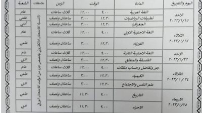 جدول امتحانات نصف العام للصف الثاني الثانوي محافظة القاهرة