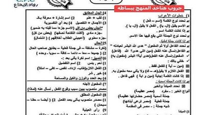 ملخص قواعد اللغة العربية في 6 ورقات للشهادة الإعدادية ترم ثاني